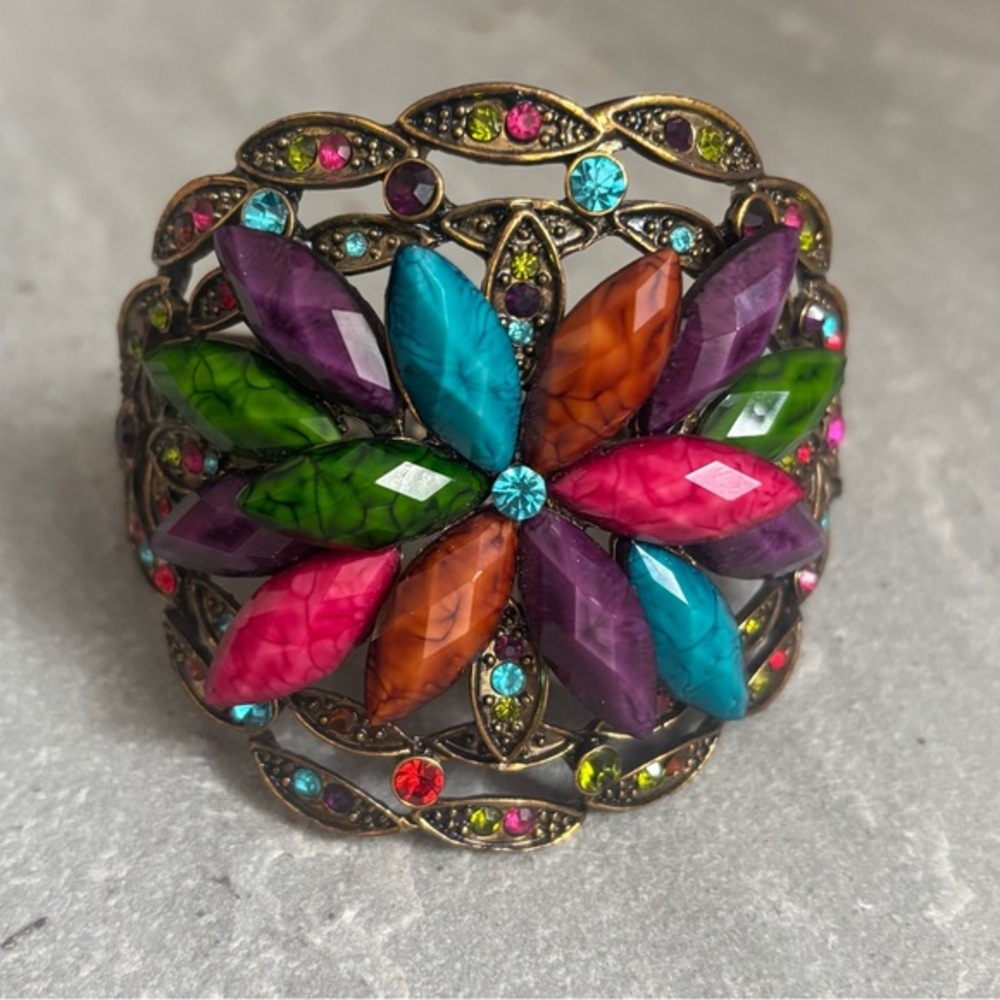 Jewel Flower Hinged Cuff Bracelet Multi-Colored Resin Stones Crystal Rhinestones